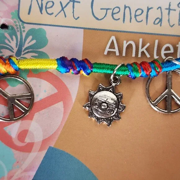 Novelty Inc Next Generation Silver Tone Peace Sun Symbols on Yarn Ankle Bracelet - Picture 10 of 16